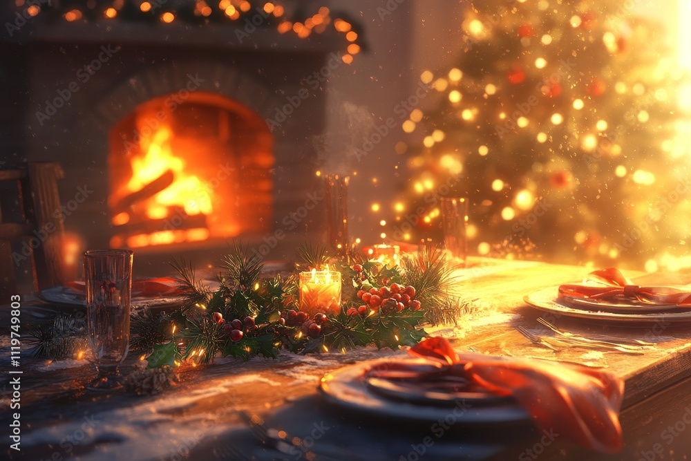 Cozy Holiday Dinner Setting with a Beautifully Decorated Table Surrounded by Warm Lights, a Sparkling Christmas Tree, and a Glowing Fireplace for Festive Celebration Cozy Holiday Dinner Setting with a Beautifully Decorated Table Surrounded by Warm Lights, a Sparkling Christmas Tree, and a Glowing Fireplace for Festive Celebration