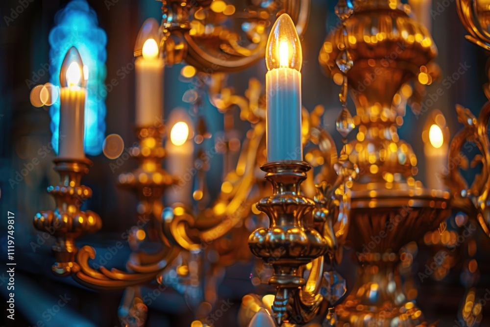 A close-up shot of lit candles on a chandelier, great for decorating or romantic scenes A close-up shot of lit candles on a chandelier, great for decorating or romantic scenes