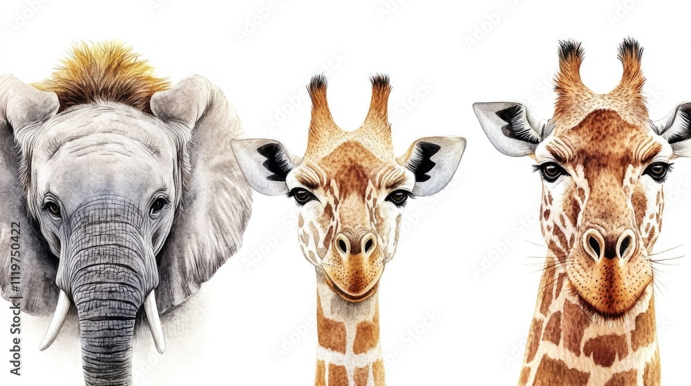 Fototapeta premium A group of giraffes and one elephant standing side by side in a natural setting