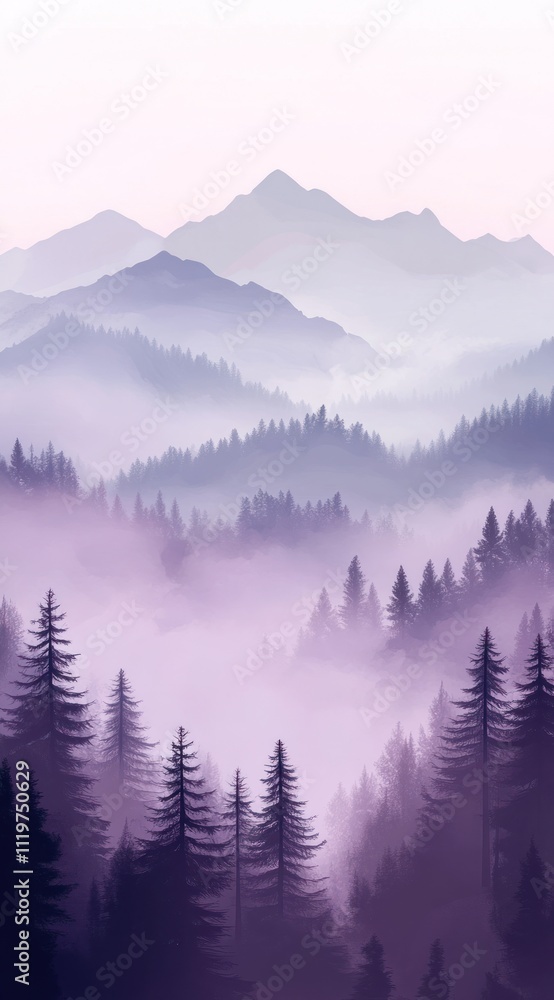 Obraz premium Misty Mountains and Purple Forest Landscape