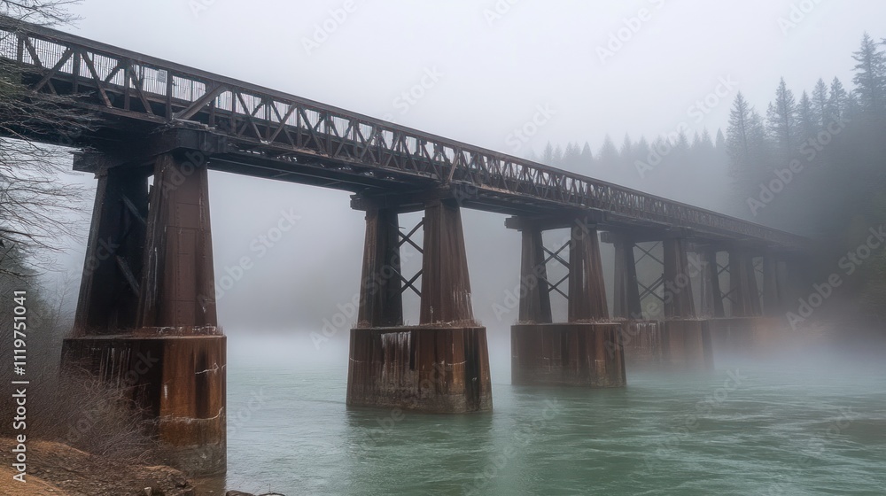 A misty scene featuring a rusty railway bridge over a river, surrounded by trees. A misty scene featuring a rusty railway bridge over a river, surrounded by trees.
