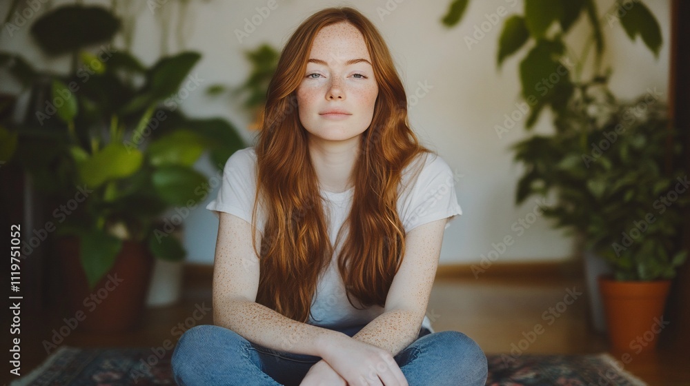 Redhead woman sits calmly amidst lush greenery. Redhead woman sits calmly amidst lush greenery.
