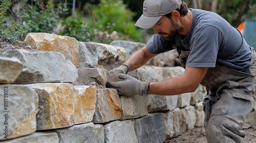 Man Building A Stone Wall With Cement