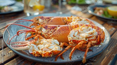 Fresh seafood platter with lobsters on a wooden table, great for foodie photography or advertising campaigns photo