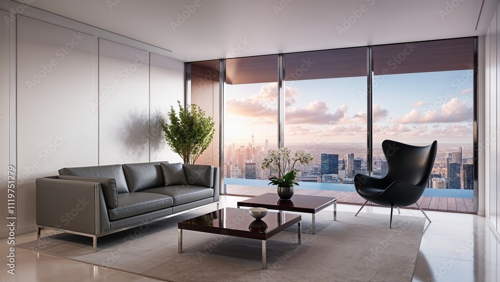 Fototapeta premium Modern interior of apartment, living room with grey sofa, black armchair, coffee tables and plant, panorama 3d rendering