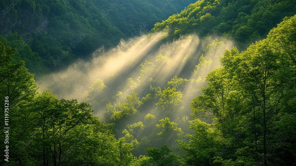 Sunbeams piercing morning mist in lush green forest valley. Sunbeams piercing morning mist in lush green forest valley.