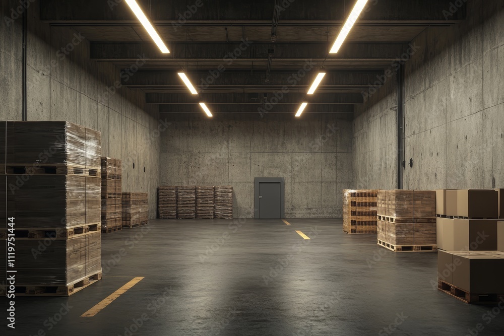Spacious Industrial Warehouse Interior with Pallets and Boxes, Concrete Walls, and Modern Lighting Fixtures, Perfect for Storage and Logistics Imagery Spacious Industrial Warehouse Interior with Pallets and Boxes, Concrete Walls, and Modern Lighting Fixtures, Perfect for Storage and Logistics Imagery