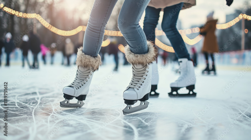 Close up of people ice skating in nice winter landscape. Ice skates, Beautiful winter scenery. Snowy landscape, snowcapped trees. Holiday Poster and greeting card with happy people ice skating on ice. Close up of people ice skating in nice winter landscape. Ice skates, Beautiful winter scenery. Snowy landscape, snowcapped trees. Holiday Poster and greeting card with happy people ice skating on ice.