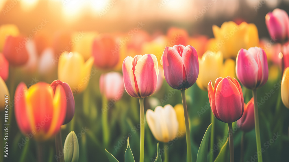 Naklejka premium Pole tulipanów pełne żywych kolorów pod ciepłym niebem, tworzące spokojny krajobraz.