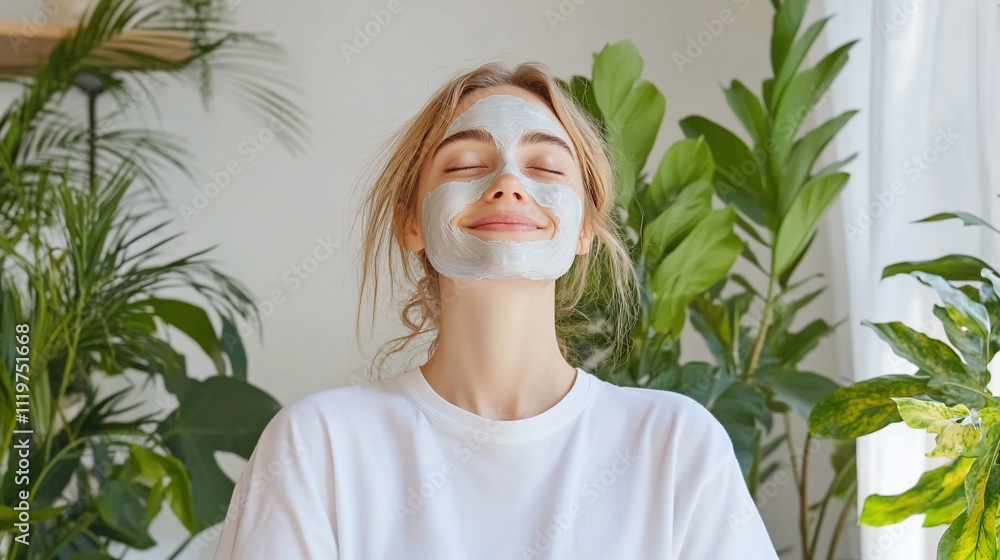 Relaxed woman with facial mask, surrounded by plants. Relaxed woman with facial mask, surrounded by plants.