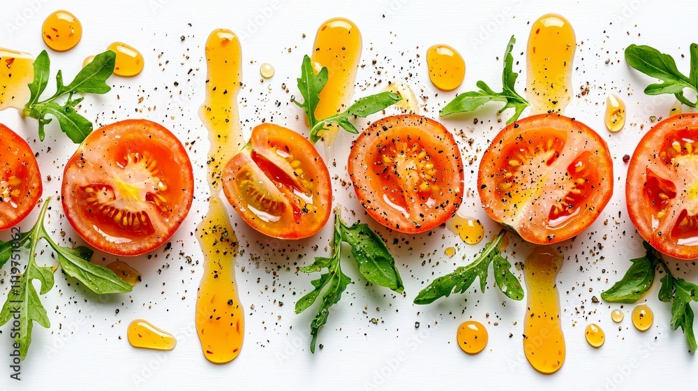 Fresh Organic Tomato Halves Drizzled with Olive Oil and Spices on a Wooden Background Fresh Organic Tomato Halves Drizzled with Olive Oil and Spices on a Wooden Background