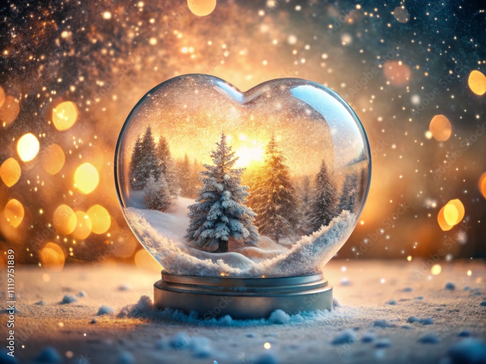 Enchanting Heart Snow Globe with Double Exposure Effect Showcasing a Winter Wonderland and Romantic Elements in a Dreamy Atmosphere for Captivating Visuals