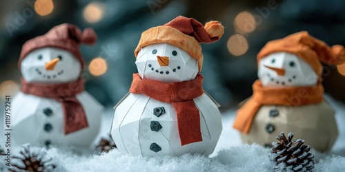 Wallpaper Mural Holiday decorations featuring charming paper snowmen surrounded by festive pinecones and twinkling lights in a cozy winter setting Torontodigital.ca