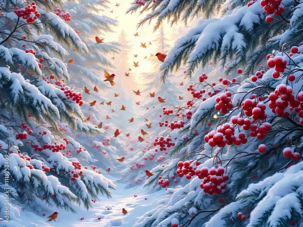 Winter's crimson feast: birds revel in red berries. Winter's crimson feast: birds revel in red berries.