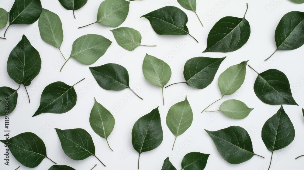 Fresh green leaves arranged on a white surface, ideal for nature-themed designs and presentations Fresh green leaves arranged on a white surface, ideal for nature-themed designs and presentations