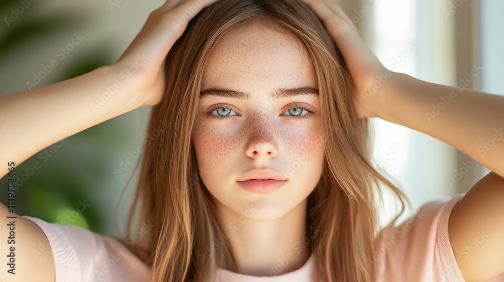 Teen girl with freckles and blue eyes, hands on head. Teen girl with freckles and blue eyes, hands on head.