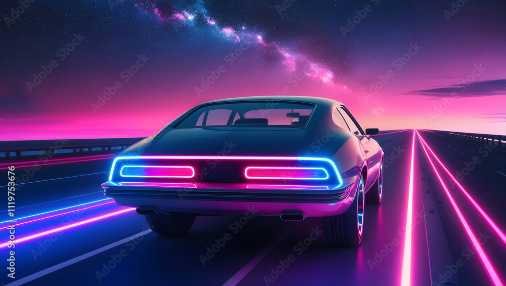 A futuristic retro car, seen from behind as it drives on a neon-lit highway at night, with a strong sense of calmness. The style is bright, cinematic, and nostalgic. A futuristic retro car, seen from behind as it drives on a neon-lit highway at night, with a strong sense of calmness. The style is bright, cinematic, and nostalgic.