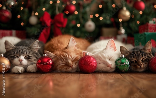 Cozy Christmas Cats: Capture the Sweetness of Feline Friends Sleeping Under the Tree with Festive Ornaments and Warm Holiday Cheer Christmas is coming! photo