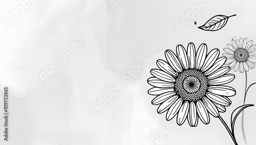 Black and white daisy minimalist style sketch with one leaf falling down and white background all in smooth abstraction and additional hint of he-peace peaceful mind photo