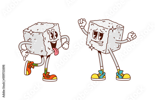 Funny groovy sugar cubes, hippie dessert, sweet and candy characters. Isolated cartoon vector sweetener, sugary food, cubic pieces retro personages with smiling faces, expressive eyes and sneakers