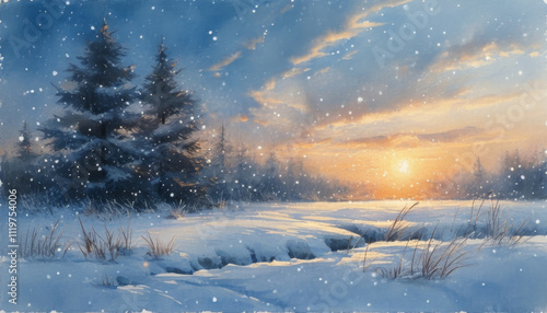 Wallpaper Mural Water colour style painting of snowy winter landscape with snow flakes on a blue sky in the evening Torontodigital.ca