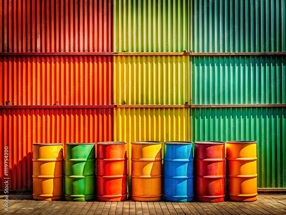 Five Colorful Barrels in Front of a Textured Metal Wall with Space for Copy - Vibrant Outdoor Scene Perfect for Creative Projects and Advertising Needs