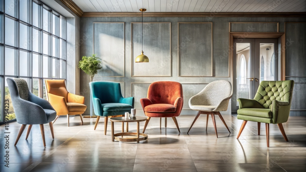 Five Stylish Chairs Featuring Unique Designs in a Modern Interior Setting with Elegant Lighting and Textures for Architectural Photography Five Stylish Chairs Featuring Unique Designs in a Modern Interior Setting with Elegant Lighting and Textures for Architectural Photography