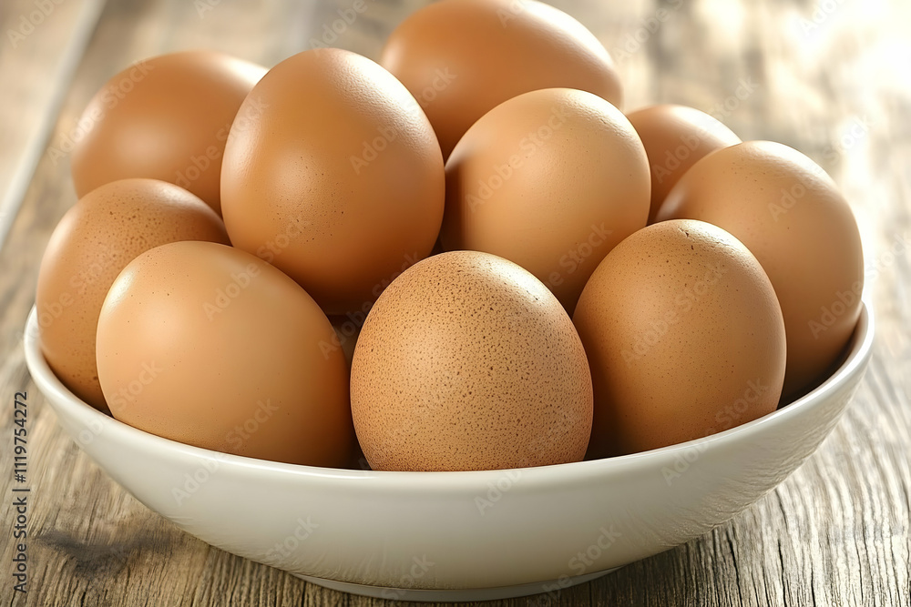 Bowl of fresh brown eggs on wooden table. Bowl of fresh brown eggs on wooden table.