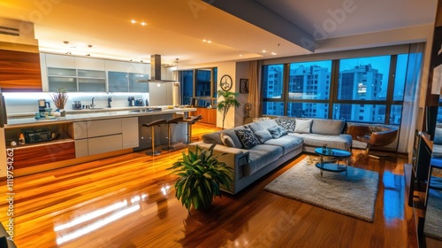 Modern apartment interior at night with open kitchen, living room, and city view.