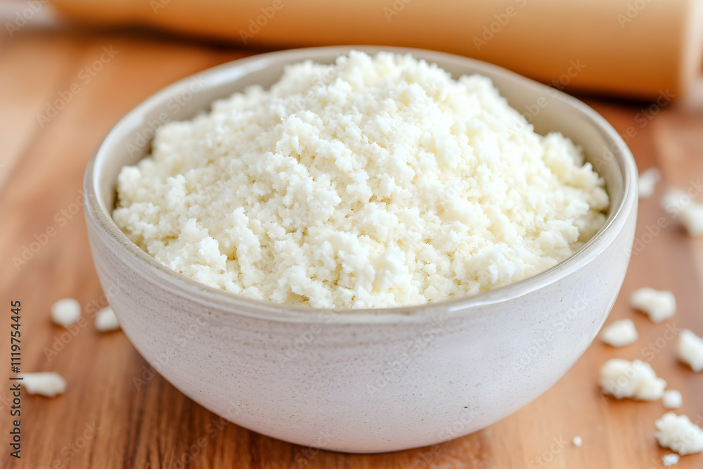 Bowl of fresh, crumbled white cheese on wooden surface. Bowl of fresh, crumbled white cheese on wooden surface.