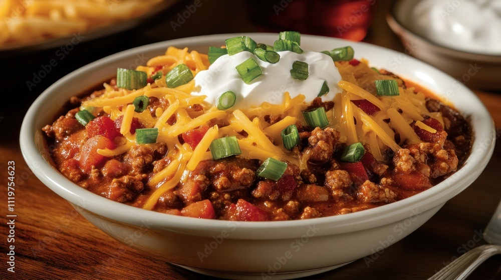 Bowl of hearty chili topped with shredded cheese, sour cream, and green onions. Bowl of hearty chili topped with shredded cheese, sour cream, and green onions.