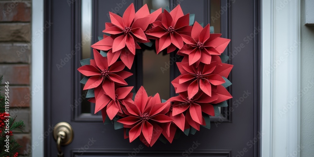 Obraz premium Elegant red paper flower wreath adorns a cozy entryway during the festive season in a charming neighborhood