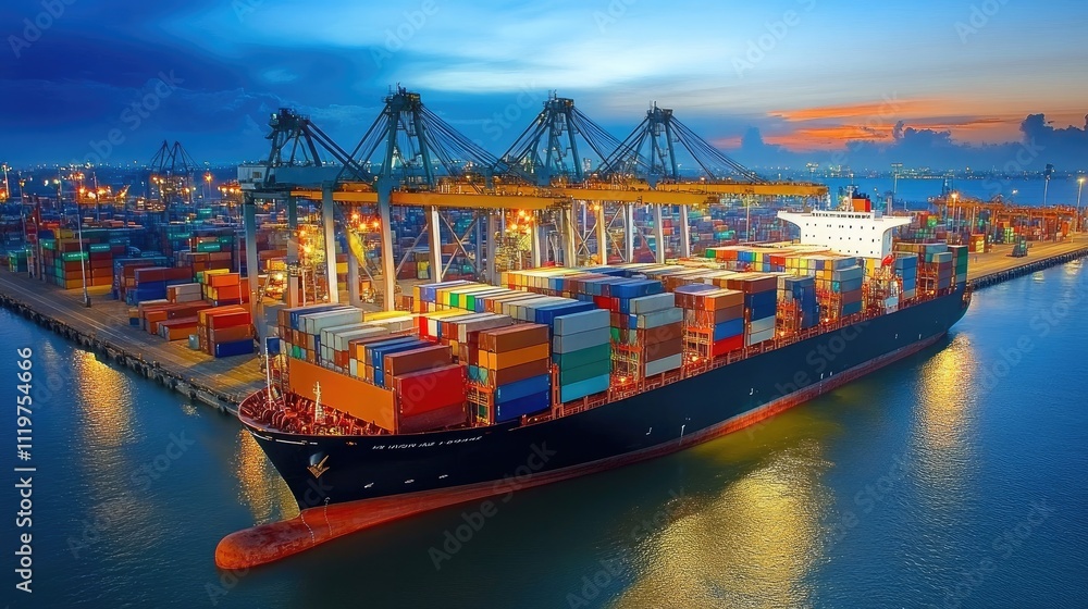 Obraz premium Container ship in import export and business logistic,By crane , Trade Port, Shipping, cargo to harbor, Aerial view, Water transport, International, Shell Marine, Top view, At night 