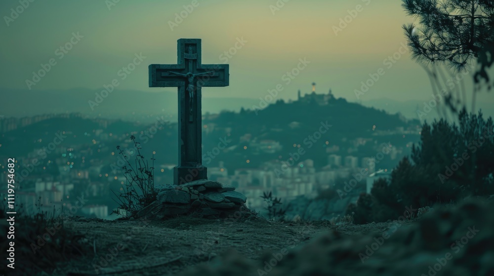 Aerial view of a city with a cross on a hill, suitable for use in travel or architecture images Aerial view of a city with a cross on a hill, suitable for use in travel or architecture images