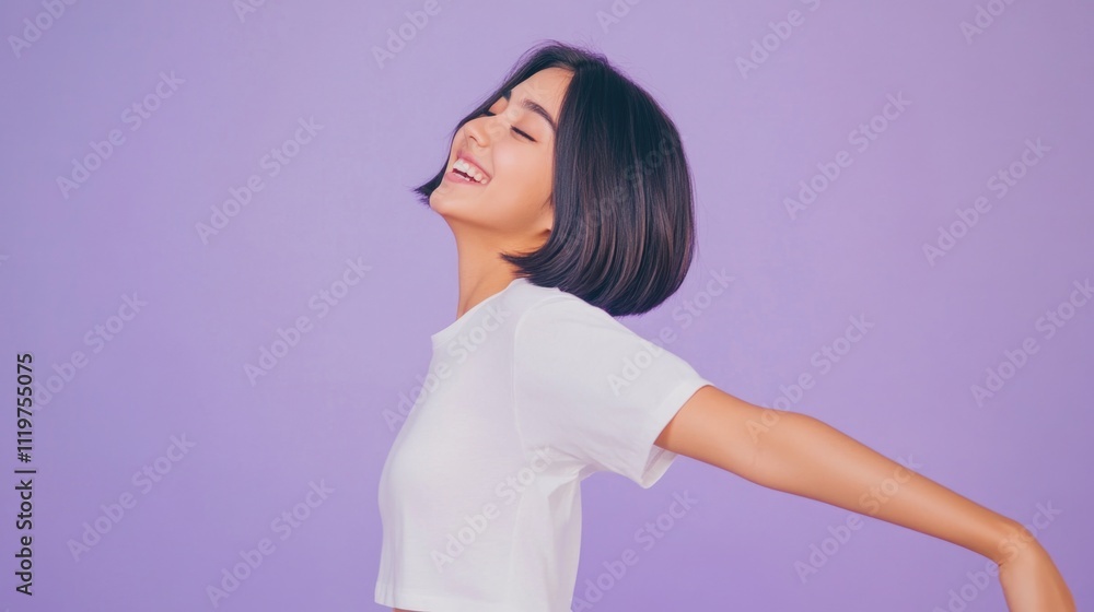 A woman wearing a white shirt and smiling, suitable for use in lifestyle or fashion photography A woman wearing a white shirt and smiling, suitable for use in lifestyle or fashion photography