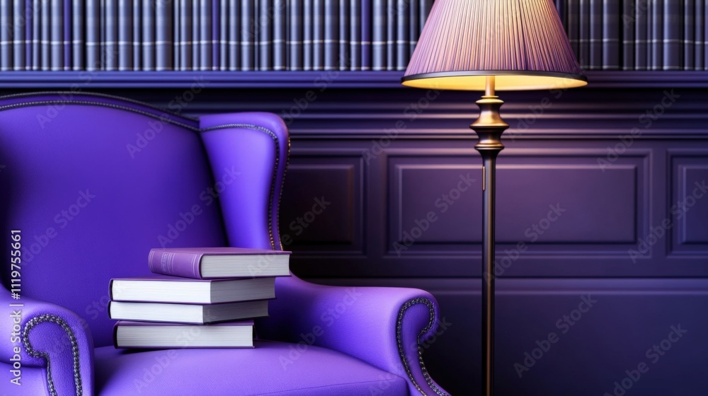 Obraz premium Elegant Purple Armchair with Stacked Books and Lamp in Cozy Library