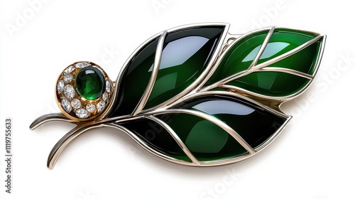 Elegant Silver Leaf Brooch with Emerald and Gemstone Accent on White Background photo