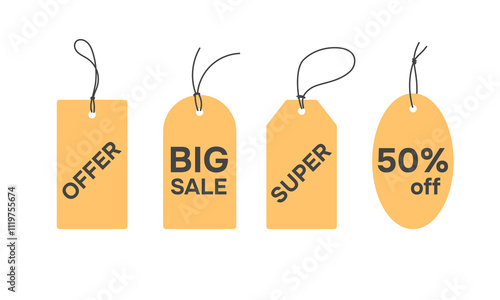 Offer tag set. Sale paper notes with rope. Special price illustration. Discount informational badges. Vector illustration 