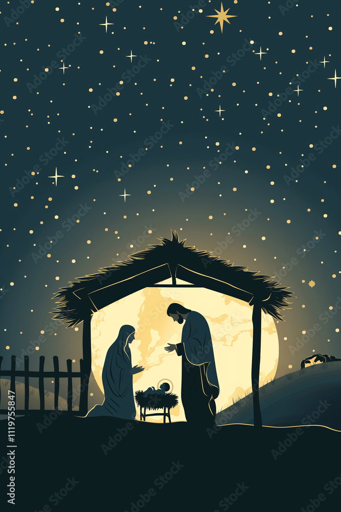 Fototapeta premium Joseph, Mary and Baby Jesus in the crib, nativity scene in the Bethlehem, beautiful art. Christmas holidays greeting card with Holy family. 