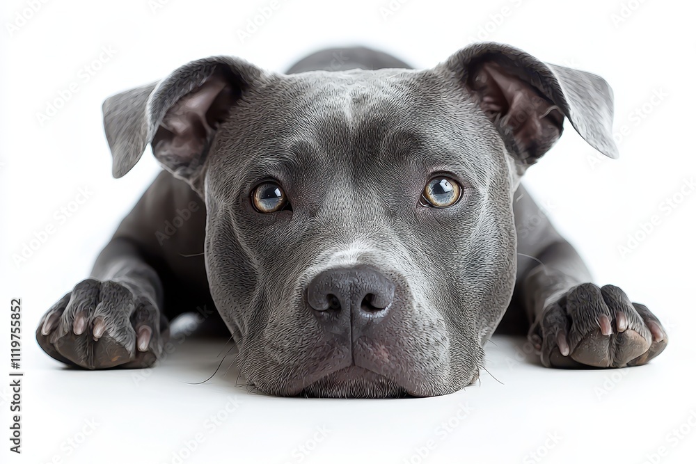 Gray Pitbull Dog Shows Curiosity in Front of Camera on White Background Gray Pitbull Dog Shows Curiosity in Front of Camera on White Background