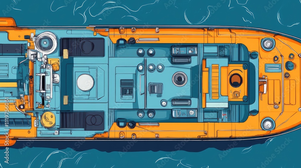Fototapeta premium container vessel flat design top view ocean transportation theme cartoon drawing Complementary Color Scheme.