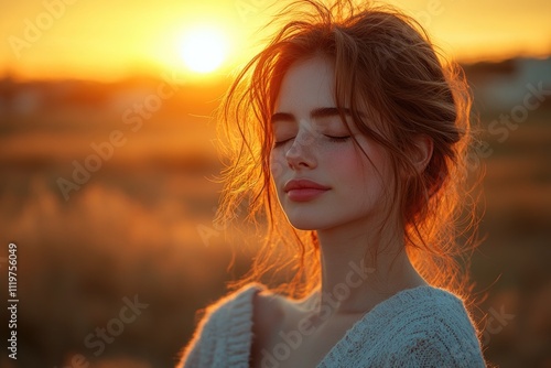 A woman stands in a field with her eyes closed, possibly meditating or enjoying the surroundings