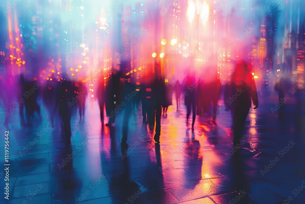 A blurred image of pedestrians moving along a urban road, great for depicting busy city life or traffic scenes A blurred image of pedestrians moving along a urban road, great for depicting busy city life or traffic scenes