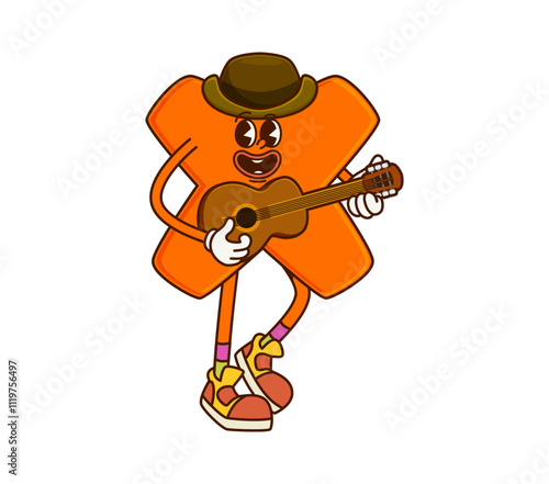 Cartoon groovy math character of multiplication sign as cowboy bandit, vector mathematics symbol. Groovy multiplication sign in wild west hat playing guitar with funny face of Western vagabond