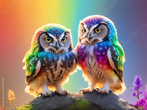 Two Rainbow Owls in Harmony: A vibrant digital art depicting two owls with rainbow-colored feathers perched on a rock, symbolizing unity and beauty. photo