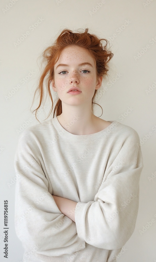 Young redhead woman in cream sweater, arms crossed. Young redhead woman in cream sweater, arms crossed.