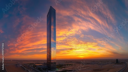 A panoramic picture of al faisaliah tower in the city of riyadh in the kingdom of saudi arabia at sunset, the towers and skyscrapers, the architectural art, the famous towers and landmarks of riyadh