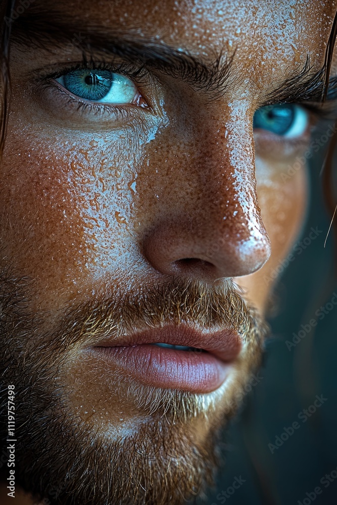 A close-up shot of a man's face, showcasing his bright blue eyes A close-up shot of a man's face, showcasing his bright blue eyes
