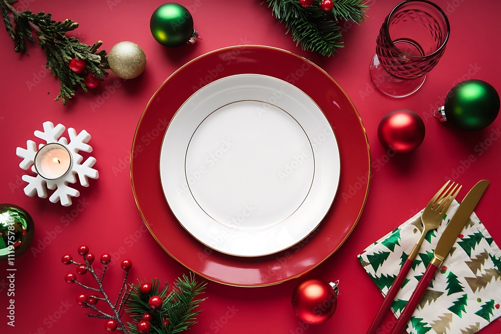 Empty White Plate with Christmas Ornaments on Red Surface—Festival Holiday Empty White Plate with Christmas Ornaments on Red Surface—Festival Holiday
