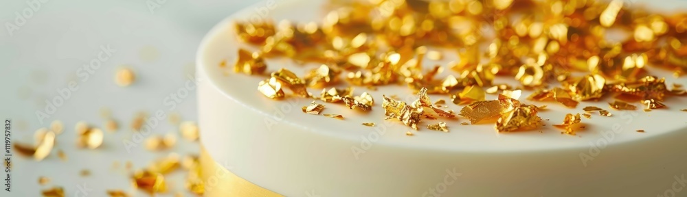 Close-up RAW Style of Gold leaf application on dessert, luxury pastry decoration Close-up RAW Style of Gold leaf application on dessert, luxury pastry decoration